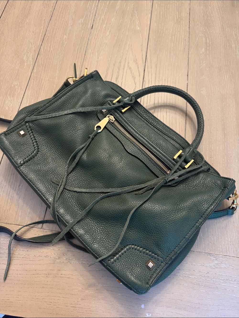 Rebecca Minkoff Dark Green Pebbled Leather Satchel with Gold Hardware